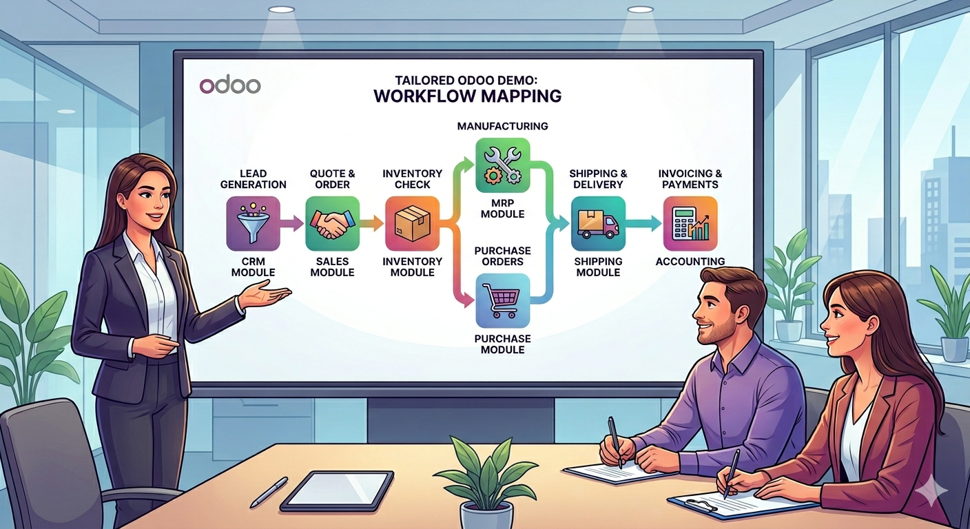 Illustration of business workflows being mapped through Odoo modules during a tailored demo session