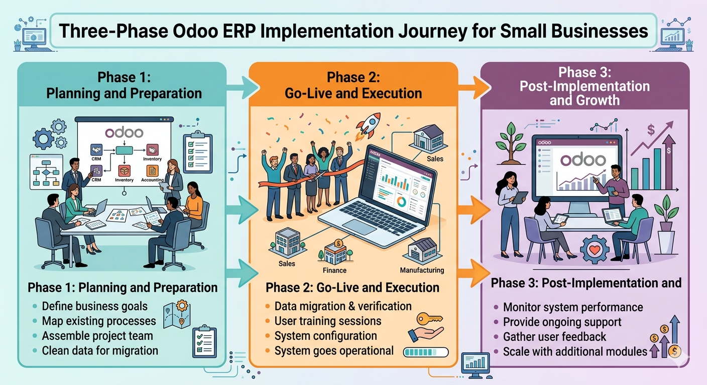 Three-phase Odoo ERP implementation journey for small businesses showing planning, go live, and post implementation stages