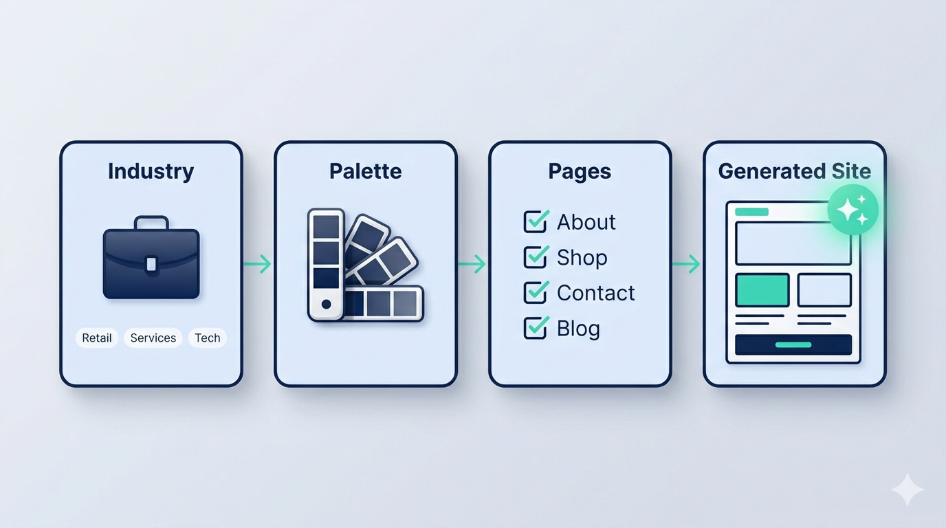 Four-step flow of the Odoo AI Website Configurator showing industry, palette, pages, and generated site