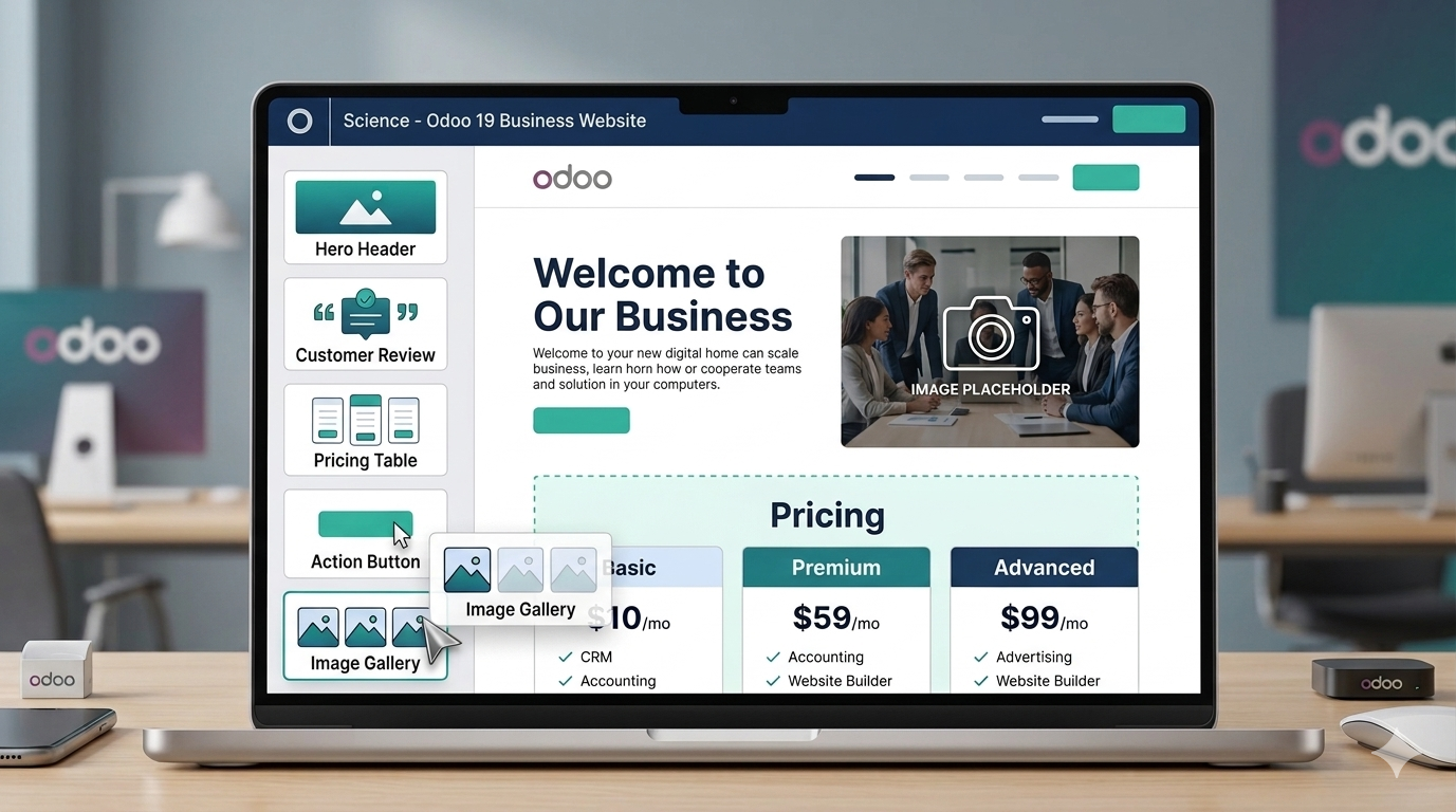 Odoo Website Builder drag-and-drop editor showing design blocks being placed on a business page