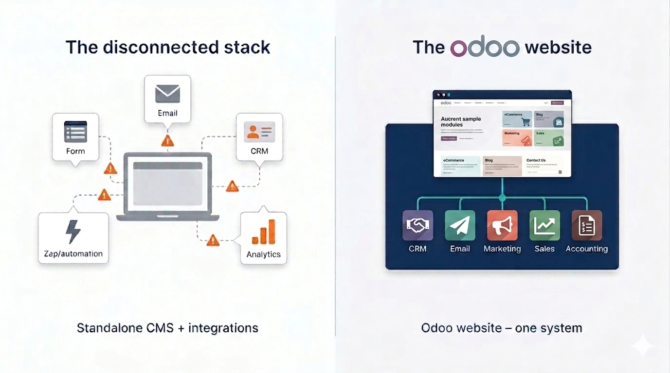 Odoo Website builder integrated with CRM, sales, and marketing automation shown as a unified system versus disconnected standalone tools
